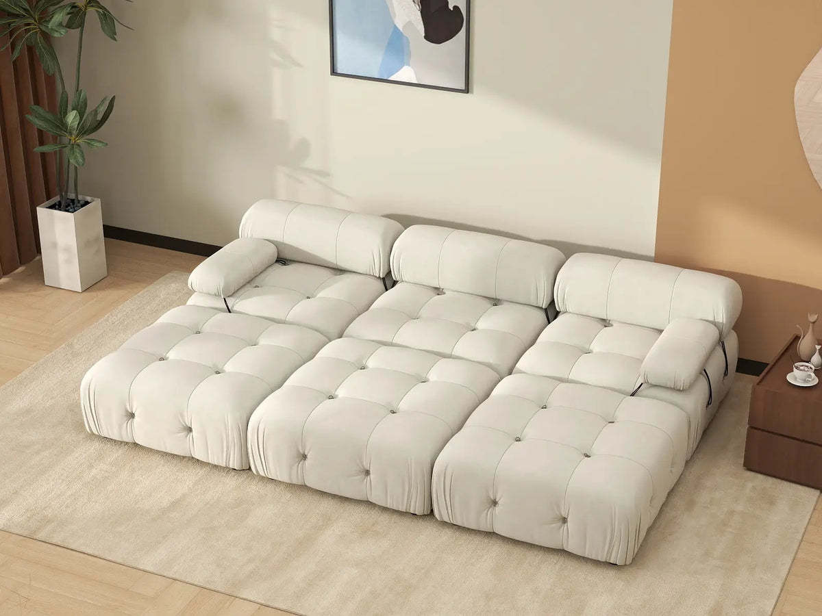 Éther Beige 3-Seater Pit Sectionals | 6-Piece (includes 3 ottomans), Velvet Fabric, Fixed Upholstery