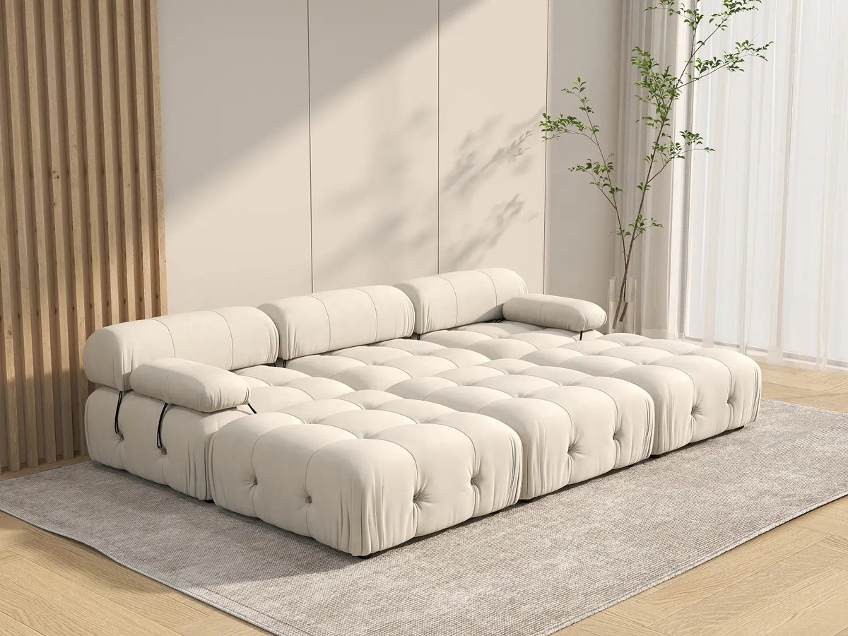 Éther Beige 3-Seater Pit Sectionals | 6-Piece (includes 3 ottomans), Velvet Fabric, Fixed Upholstery