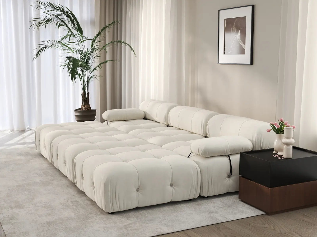 Éther Beige 3-Seater Pit Sectionals | 6-Piece (includes 3 ottomans), Velvet Fabric, Fixed Upholstery