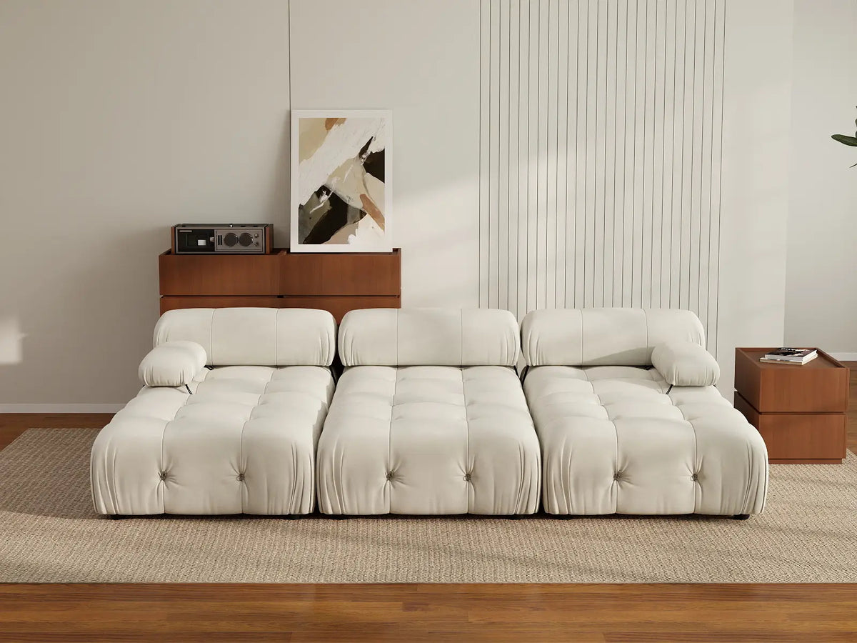 Éther Beige 3-Seater Pit Sectionals | 6-Piece (includes 3 ottomans), Velvet Fabric, Fixed Upholstery