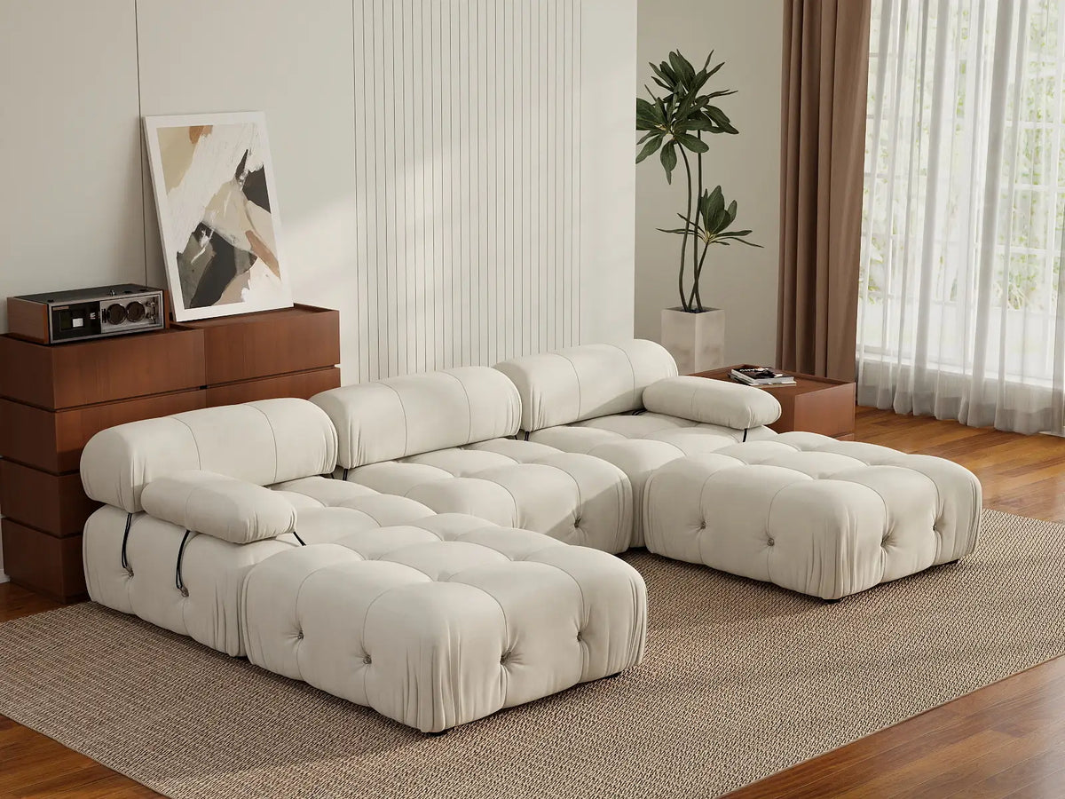 Éther Beige 3-Seater U-Shaped Sectionals | 5-Piece (includes 2 ottomans), Velvet Fabric, Fixed Upholstery
