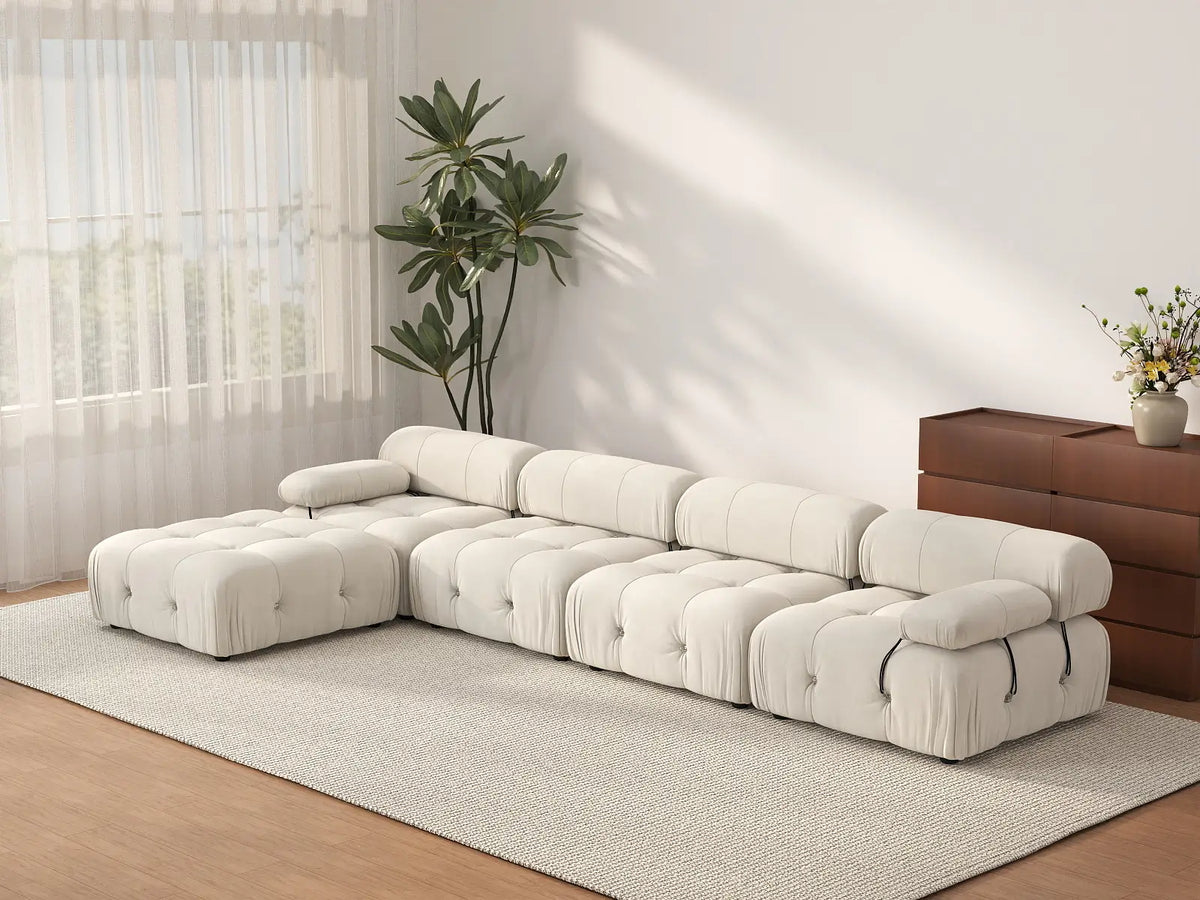 Éther Beige 4-Seater L-Shaped Sectionals | 5-Piece (includes 1 ottoman), Velvet Fabric, Fixed Upholstery