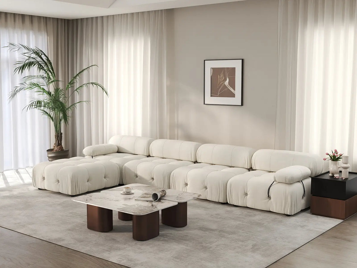 Éther Beige 4-Seater L-Shaped Sectionals | 5-Piece (includes 1 ottoman), Velvet Fabric, Fixed Upholstery