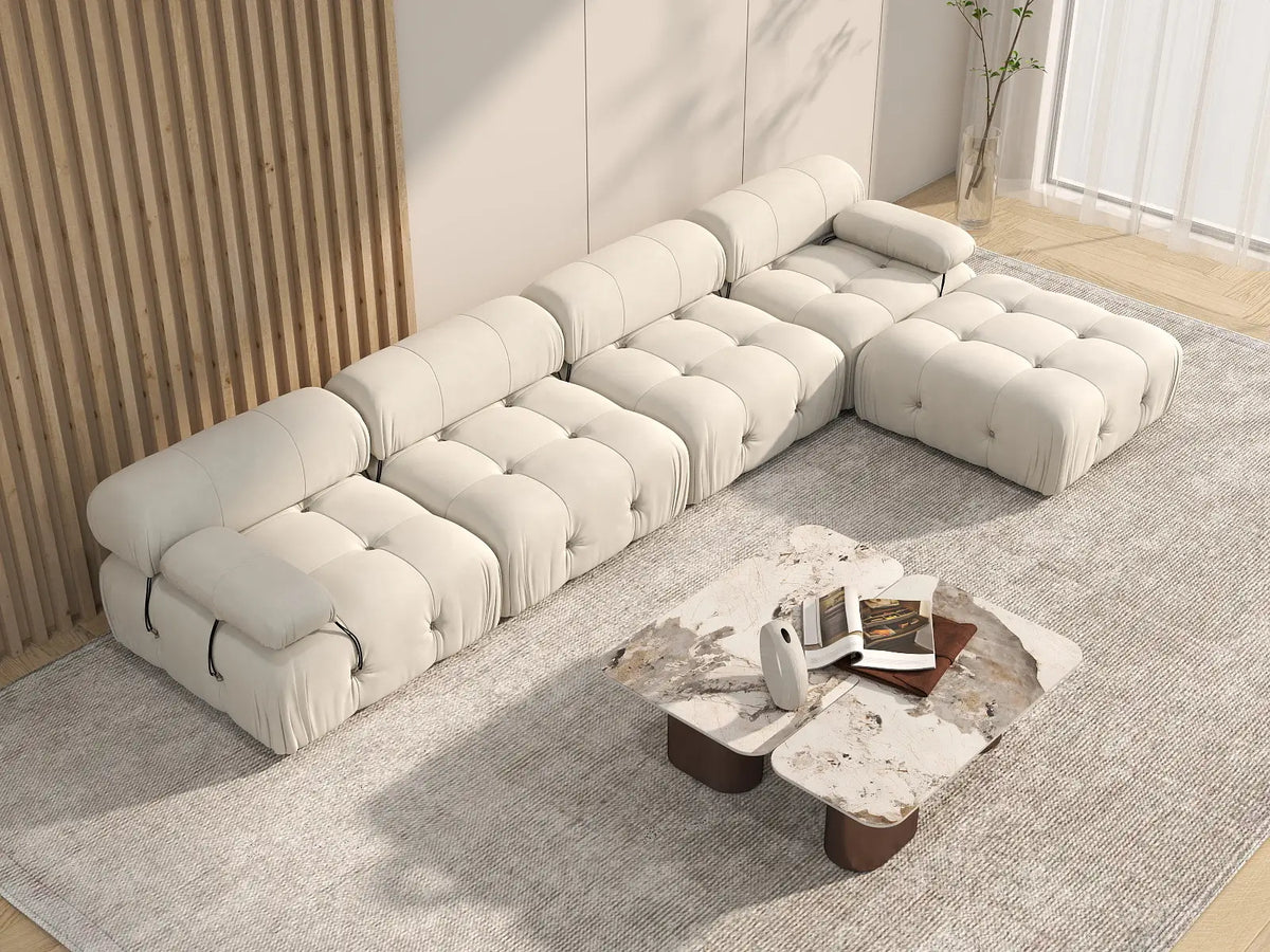 Éther Beige 4-Seater L-Shaped Sectionals | 5-Piece (includes 1 ottoman), Velvet Fabric, Fixed Upholstery