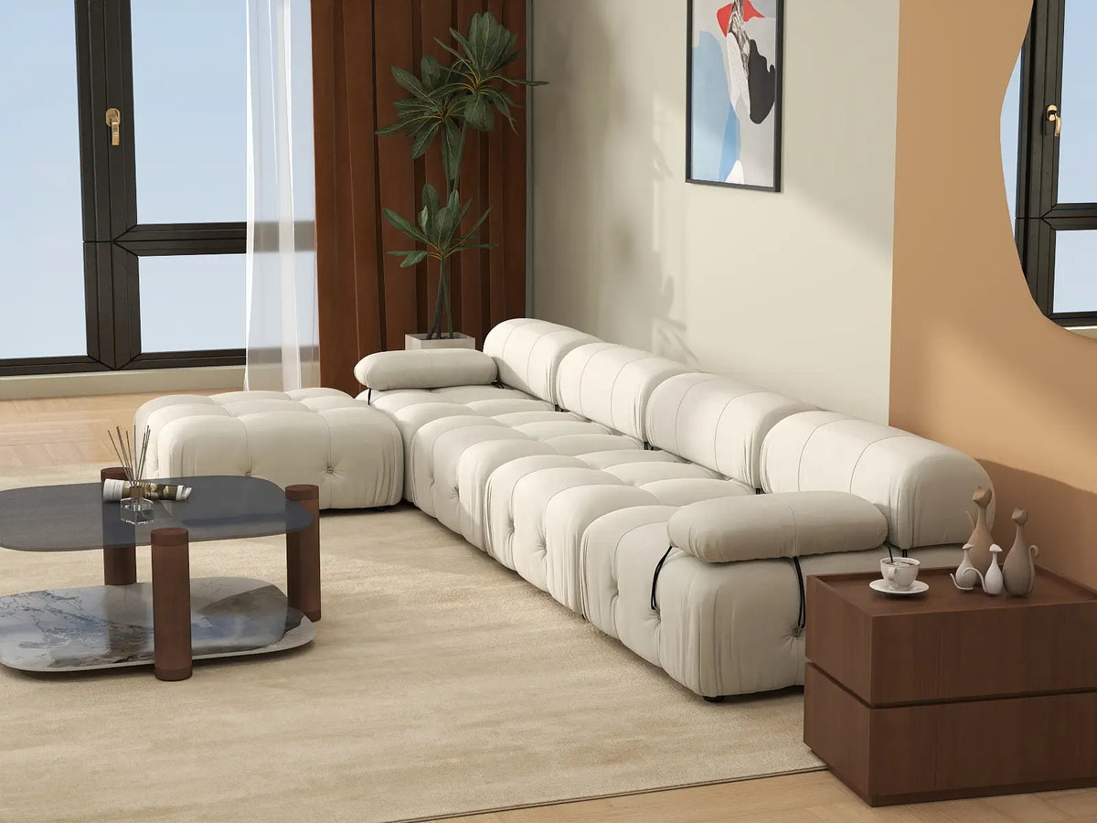 Éther Beige 4-Seater L-Shaped Sectionals | 5-Piece (includes 1 ottoman), Velvet Fabric, Fixed Upholstery