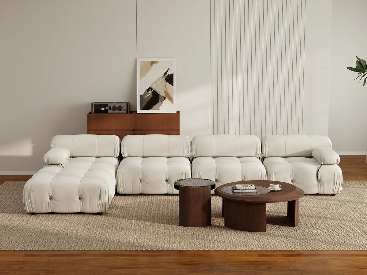 Éther Beige 4-Seater L-Shaped Sectionals | 5-Piece (includes 1 ottoman), Velvet Fabric, Fixed Upholstery
