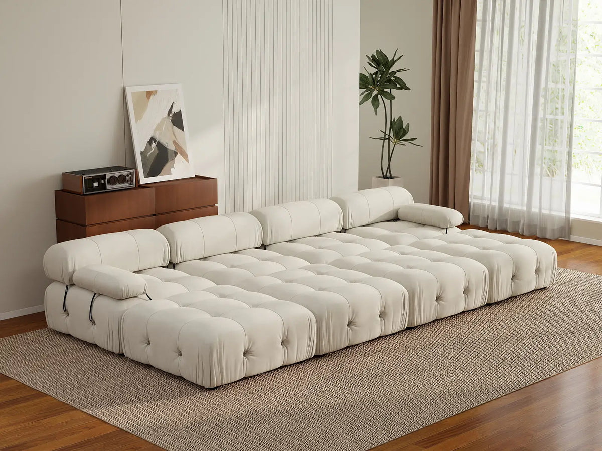 Éther Beige 4-Seater Pit Sectionals | 8-Piece (includes 4 ottomans), Velvet Fabric, Fixed Upholstery