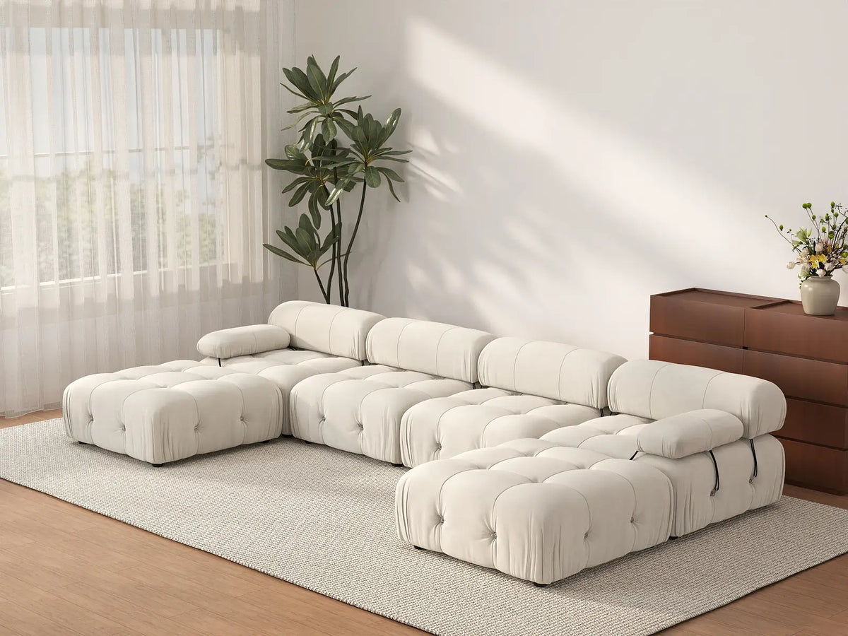 Éther Beige 4-Seater U-Shaped Sectionals | 6-Piece (includes 2 ottomans), Velvet Fabric, Fixed Upholstery