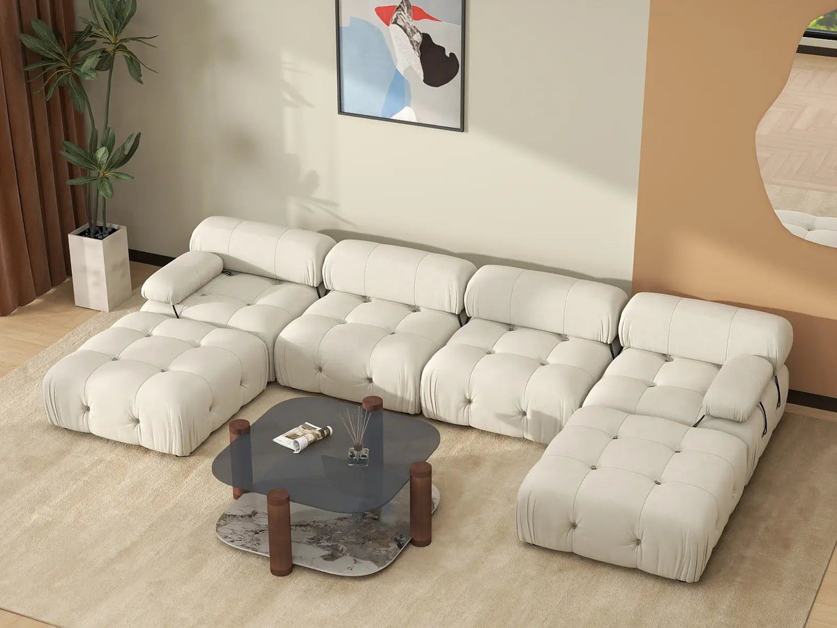 Éther Beige 4-Seater U-Shaped Sectionals | 6-Piece (includes 2 ottomans), Velvet Fabric, Fixed Upholstery