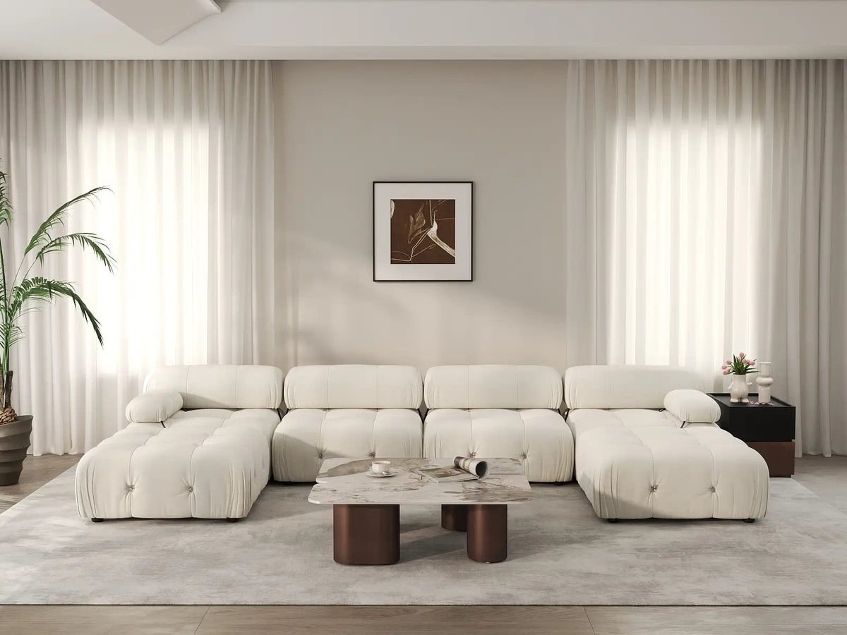 Éther Beige 4-Seater U-Shaped Sectionals | 6-Piece (includes 2 ottomans), Velvet Fabric, Fixed Upholstery