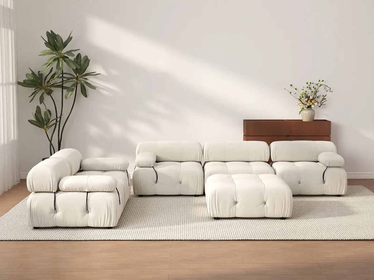Éther Beige 5-Seater Sofa Sets | 6-Piece (includes 1 ottoman), Velvet Fabric, Fixed Upholstery