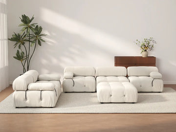Éther Beige 5-Seater Sofa Sets | 6-Piece (includes 1 ottoman), Velvet Fabric, Fixed Upholstery