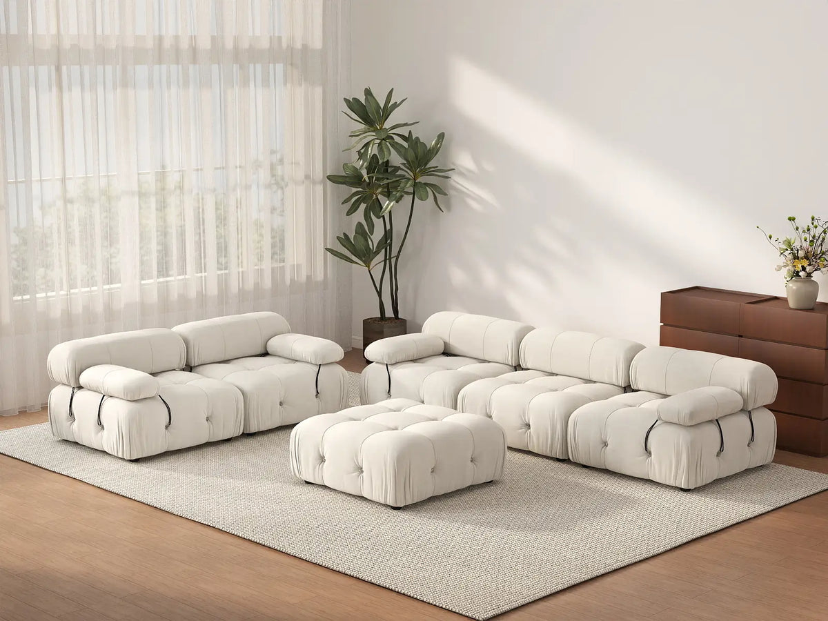 Éther Beige 5-Seater Sofa Sets | 6-Piece (includes 1 ottoman), Velvet Fabric, Fixed Upholstery