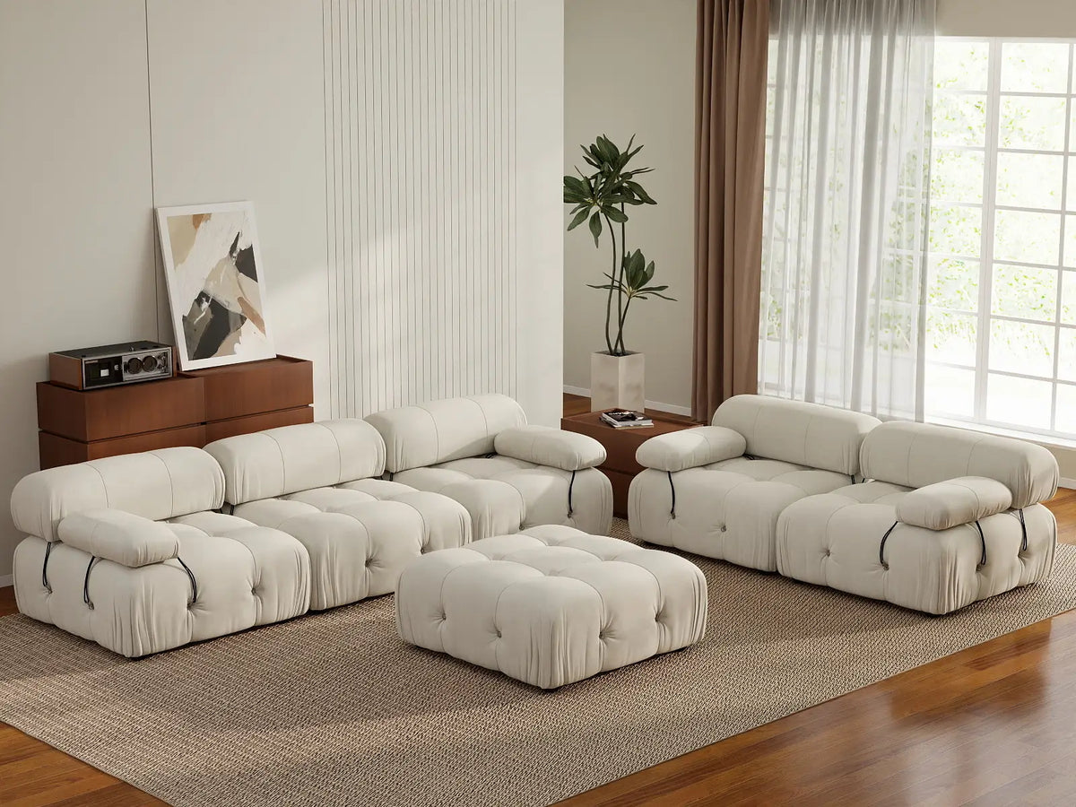 Éther Beige 5-Seater Sofa Sets | 6-Piece (includes 1 ottoman), Velvet Fabric, Fixed Upholstery