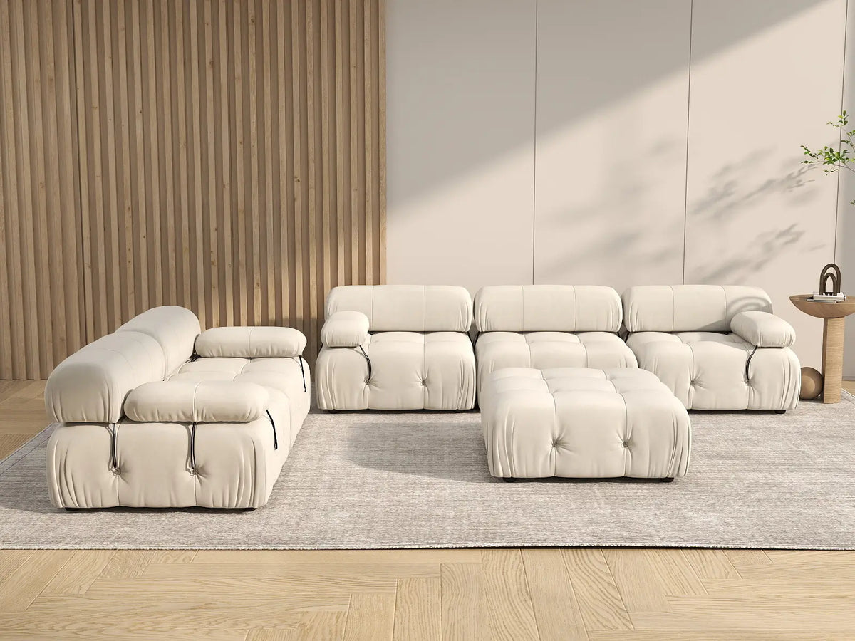 Éther Beige 5-Seater Sofa Sets | 6-Piece (includes 1 ottoman), Velvet Fabric, Fixed Upholstery