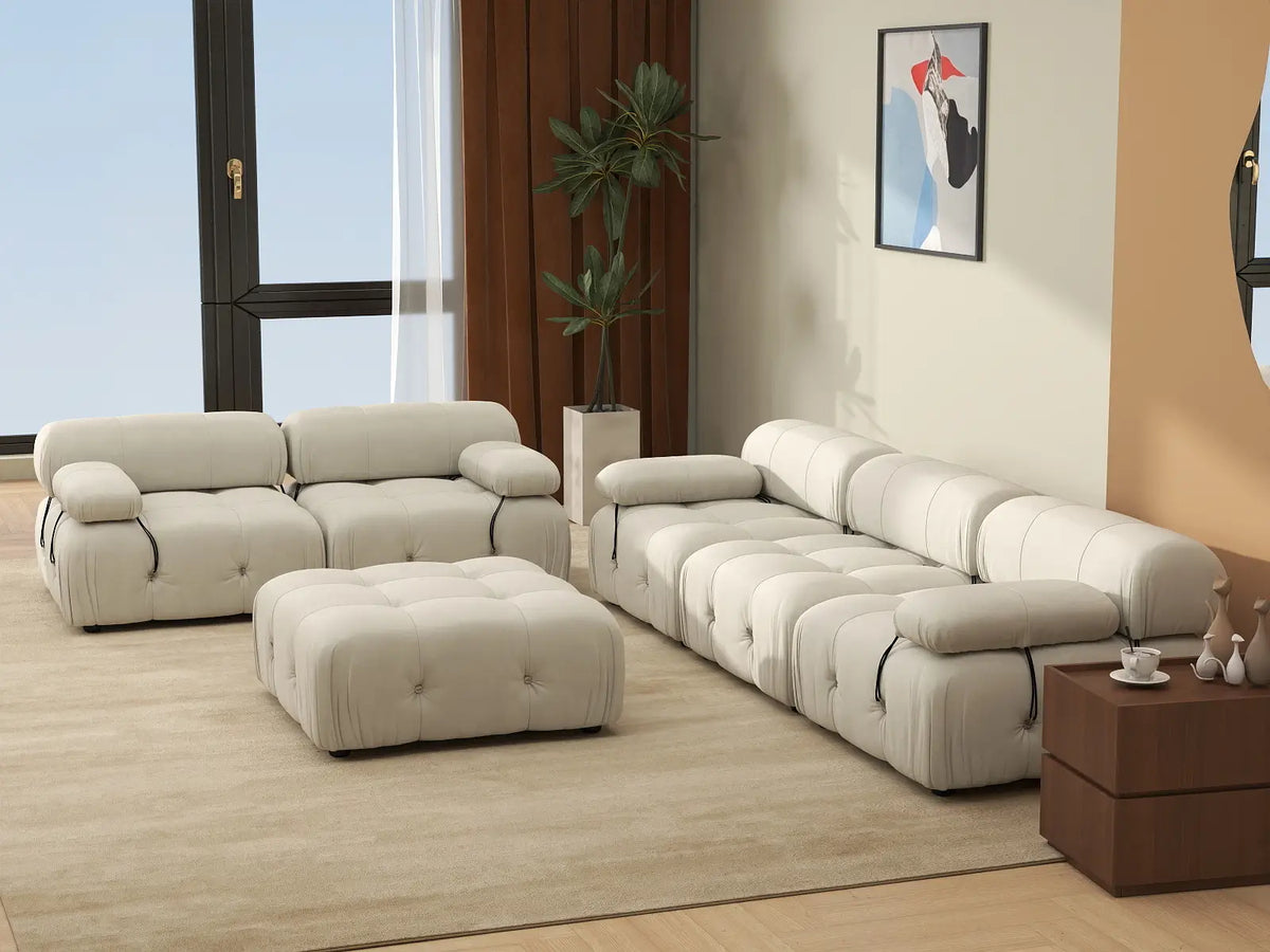 Éther Beige 5-Seater Sofa Sets | 6-Piece (includes 1 ottoman), Velvet Fabric, Fixed Upholstery