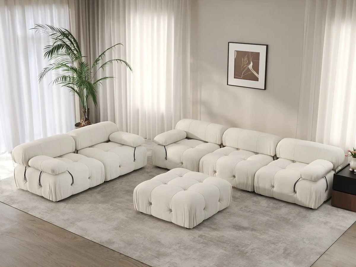 Éther Beige 5-Seater Sofa Sets | 6-Piece (includes 1 ottoman), Velvet Fabric, Fixed Upholstery