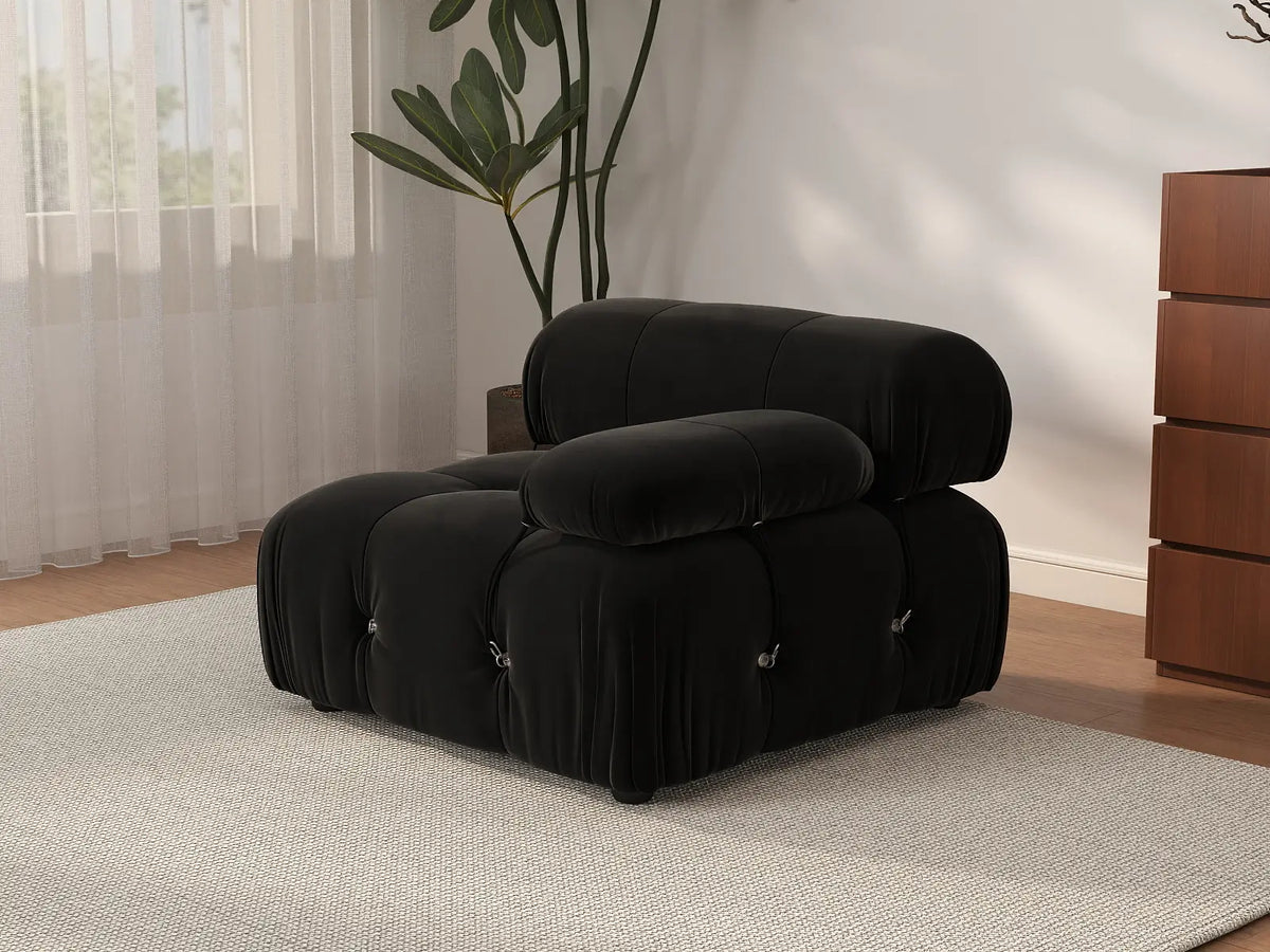 Éther Black 1-Seater Single Sofa | 1-Piece, Velvet Fabric, Fixed Upholstery