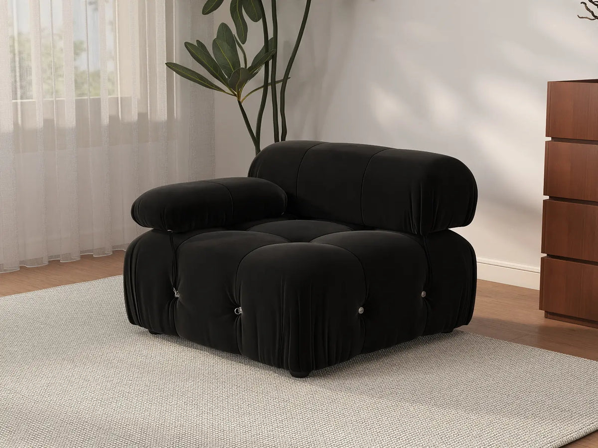 Éther Black 1-Seater Single Sofa | 1-Piece, Velvet Fabric, Fixed Upholstery