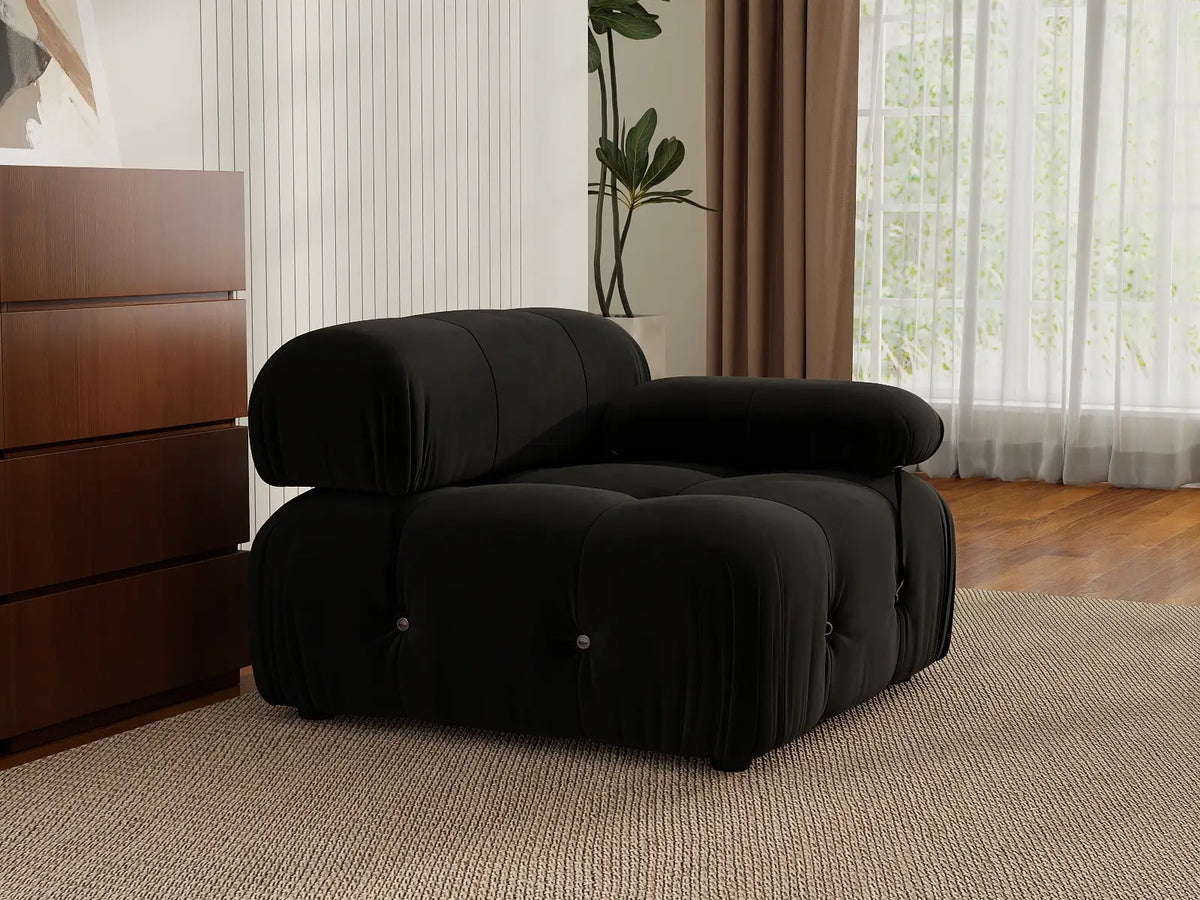 Éther Black 1-Seater Single Sofa | 1-Piece, Velvet Fabric, Fixed Upholstery