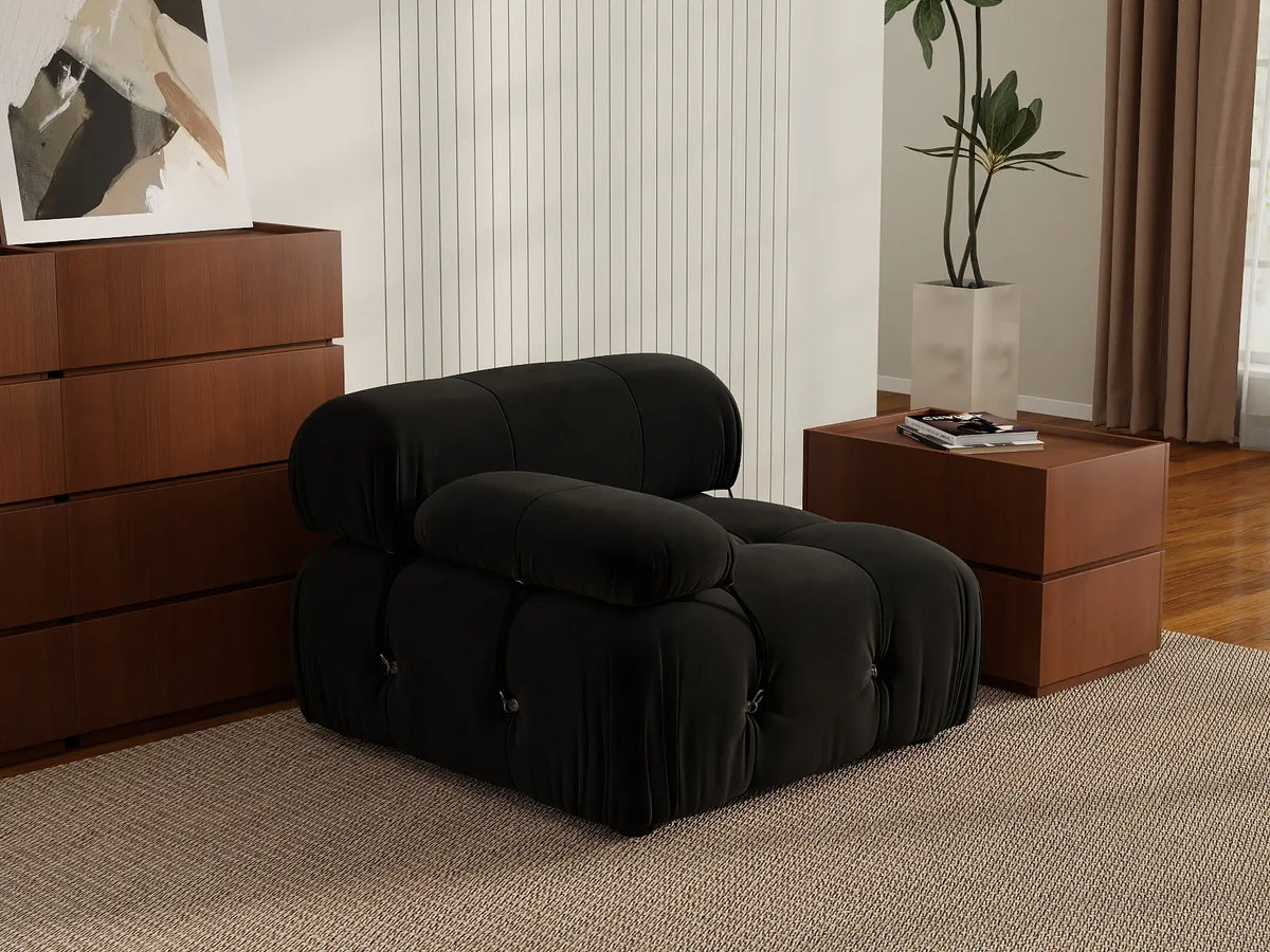 Éther Black 1-Seater Single Sofa | 1-Piece, Velvet Fabric, Fixed Upholstery