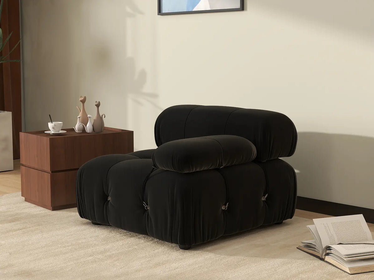 Éther Black 1-Seater Single Sofa | 1-Piece, Velvet Fabric, Fixed Upholstery