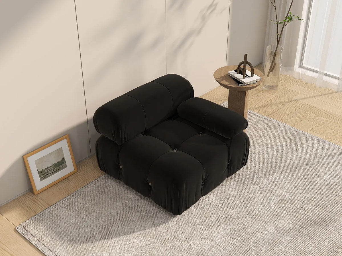 Éther Black 1-Seater Single Sofa | 1-Piece, Velvet Fabric, Fixed Upholstery
