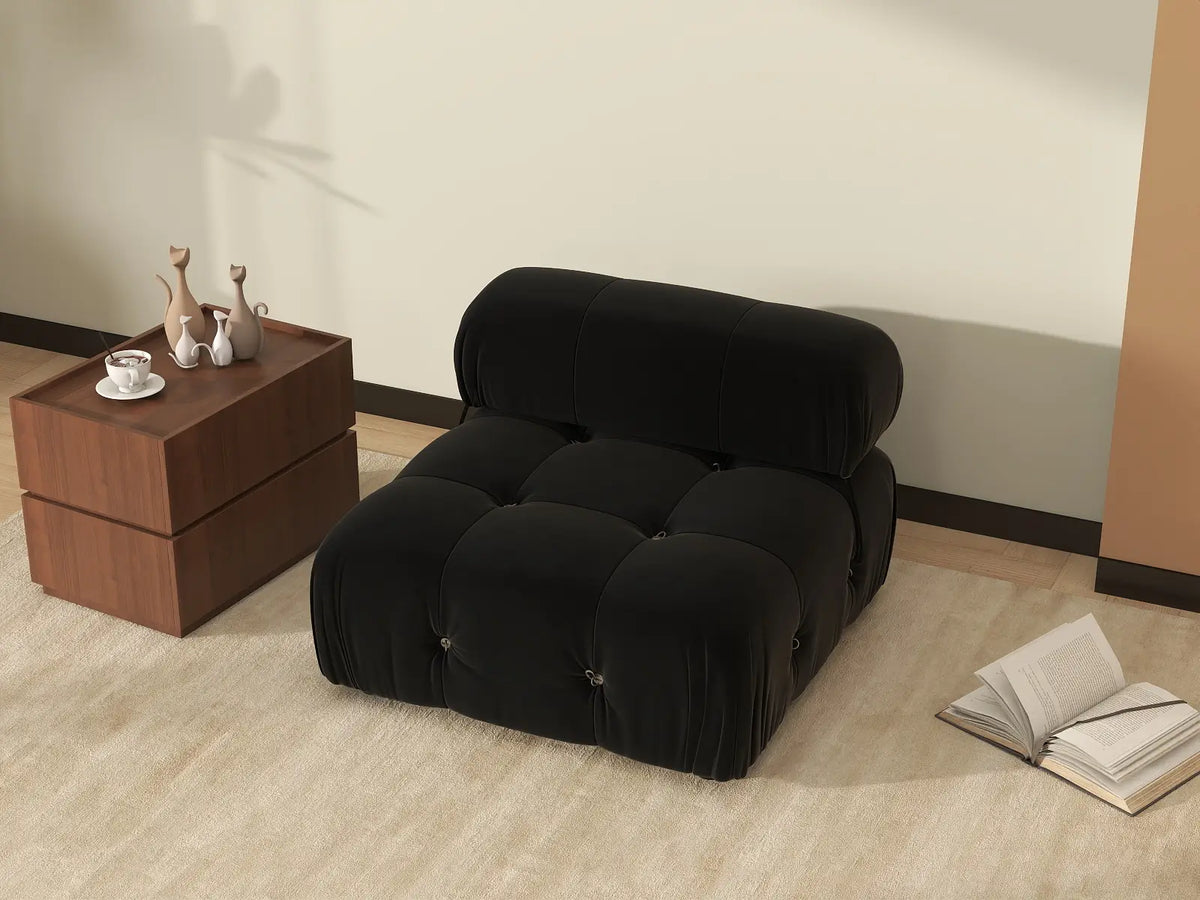 Éther Black 1-Seater Single Sofa | 1-Piece, Velvet Fabric, Fixed Upholstery