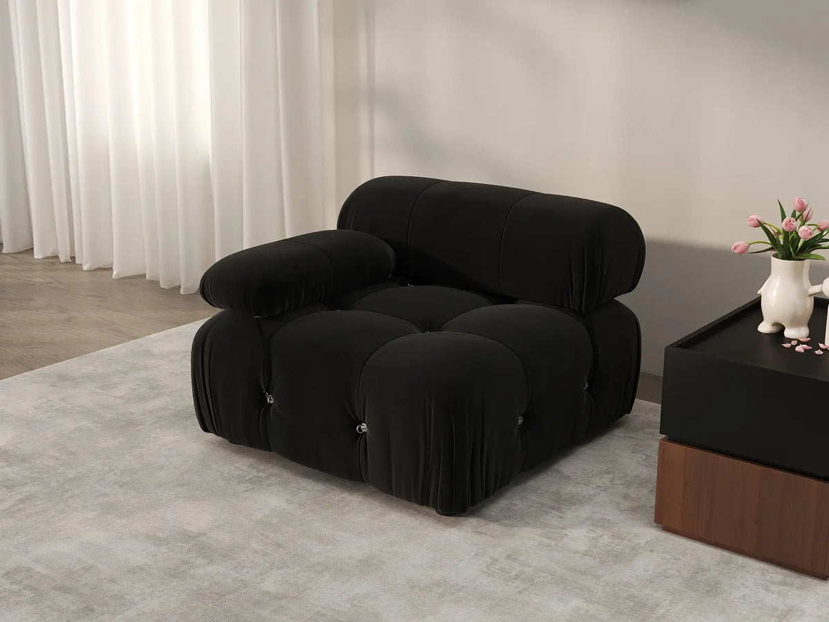 Éther Black 1-Seater Single Sofa | 1-Piece, Velvet Fabric, Fixed Upholstery