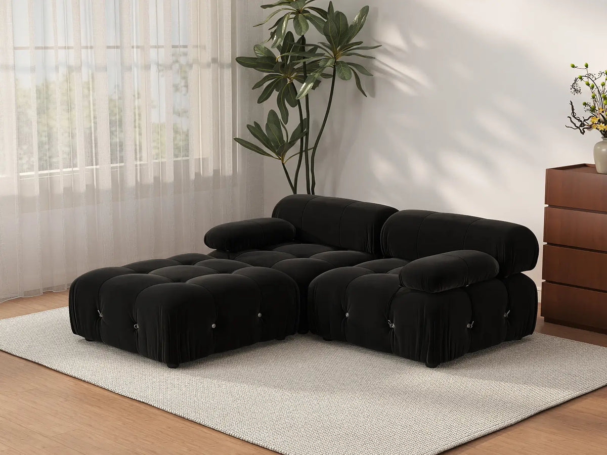 Éther Black 2-Seater Chaise Sectionals | 3-Piece (includes 1 ottoman), Velvet Fabric, Fixed Upholstery
