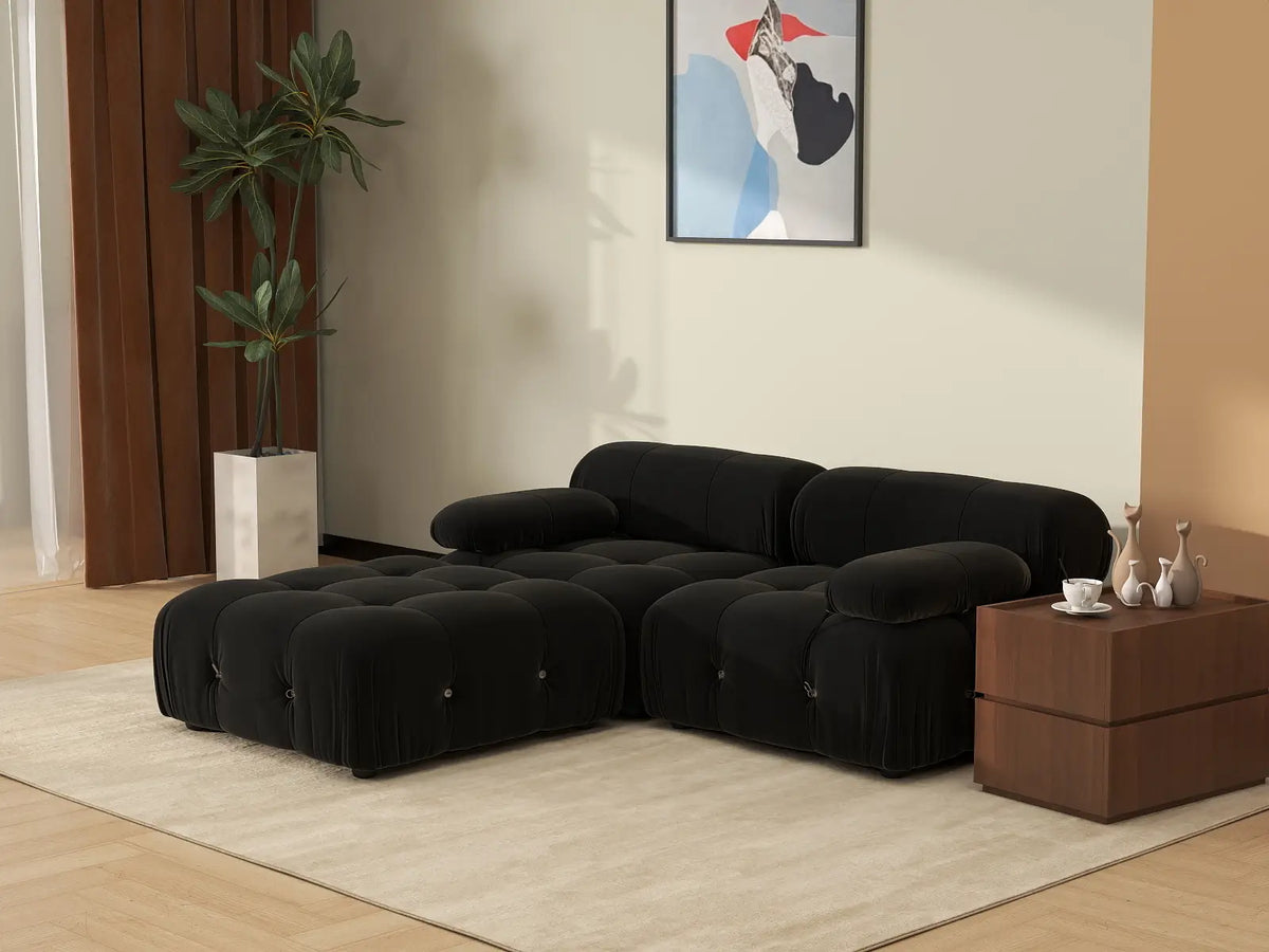 Éther Black 2-Seater Chaise Sectionals | 3-Piece (includes 1 ottoman), Velvet Fabric, Fixed Upholstery