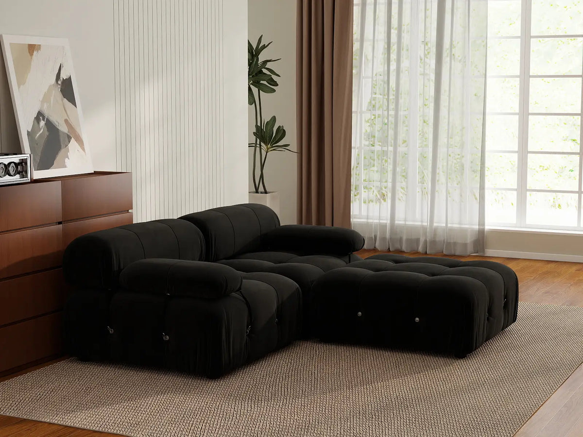Éther Black 2-Seater Chaise Sectionals | 3-Piece (includes 1 ottoman), Velvet Fabric, Fixed Upholstery