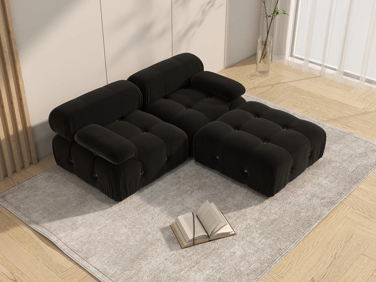 Éther Black 2-Seater Chaise Sectionals | 3-Piece (includes 1 ottoman), Velvet Fabric, Fixed Upholstery