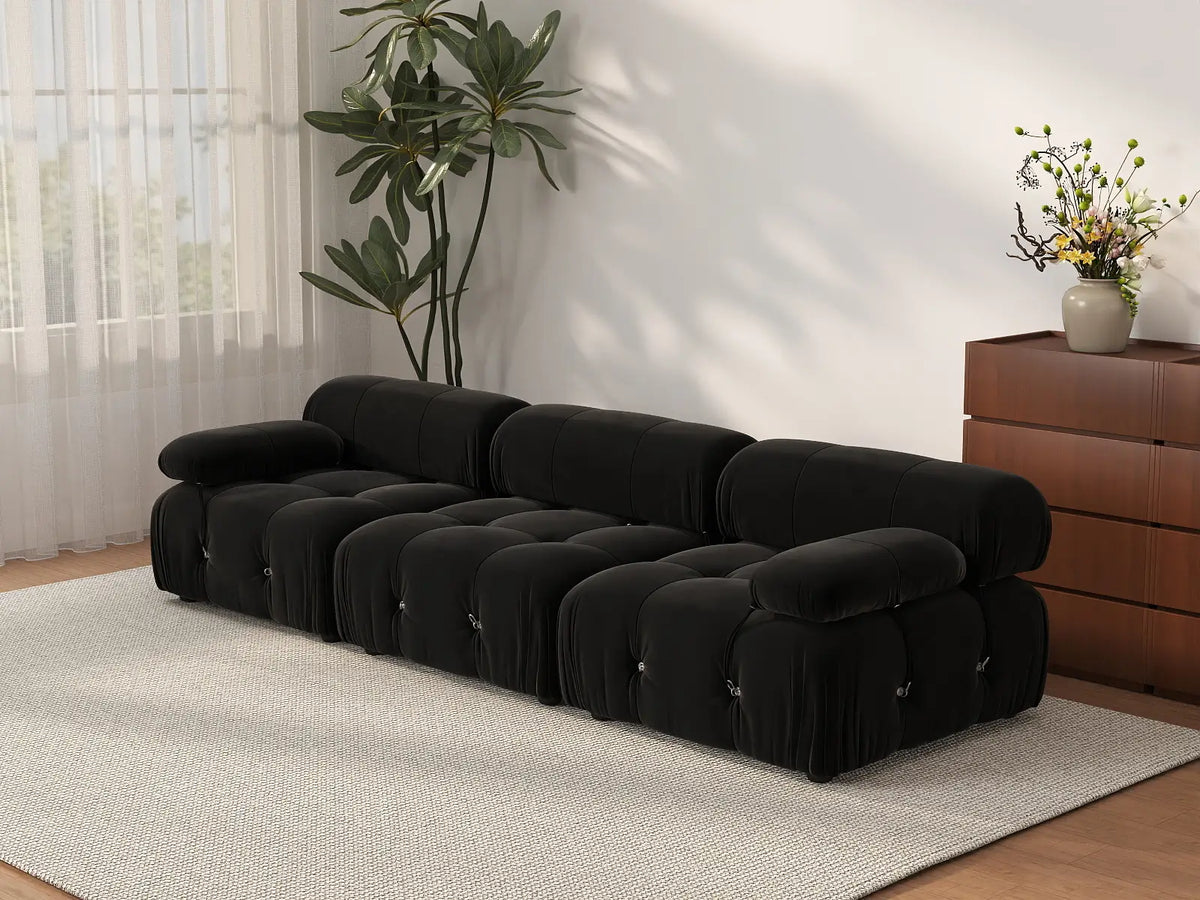 Éther Black 3-Seater Couch Sectionals | 3-Piece, Velvet Fabric, Fixed Upholstery