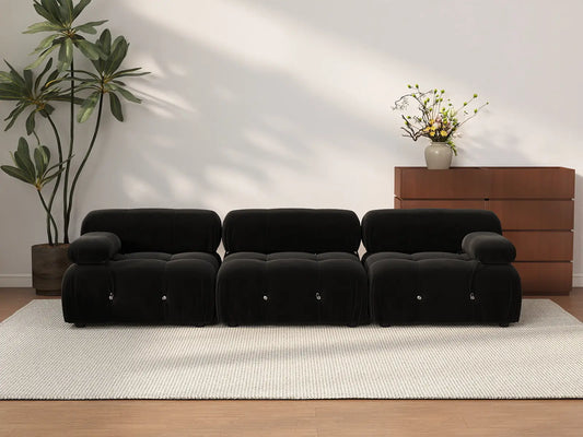 Sofá modular seccional Matrix de 3 plazas en color negro | 3 piezas, tela de terciopelo, diseño compacto