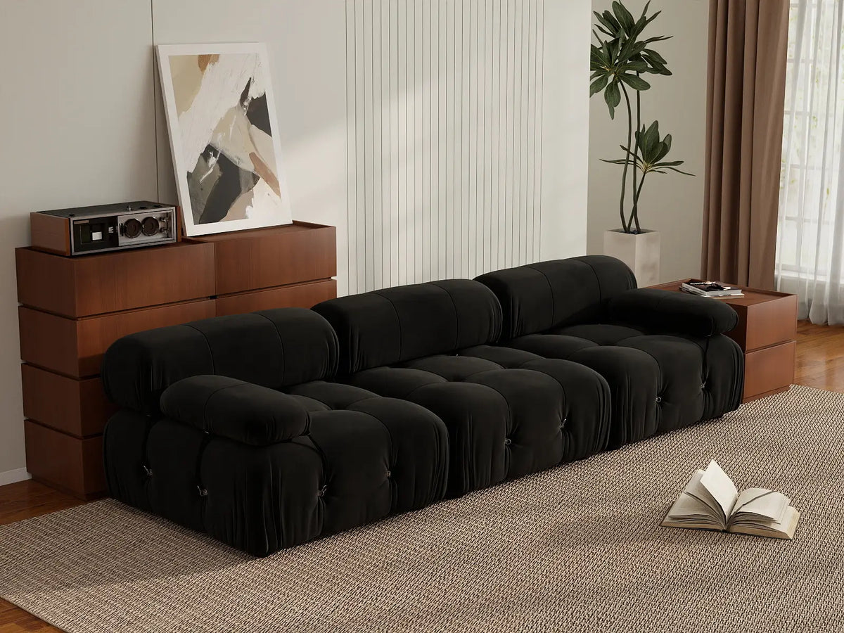 Éther Black 3-Seater Couch Sectionals | 3-Piece, Velvet Fabric, Fixed Upholstery