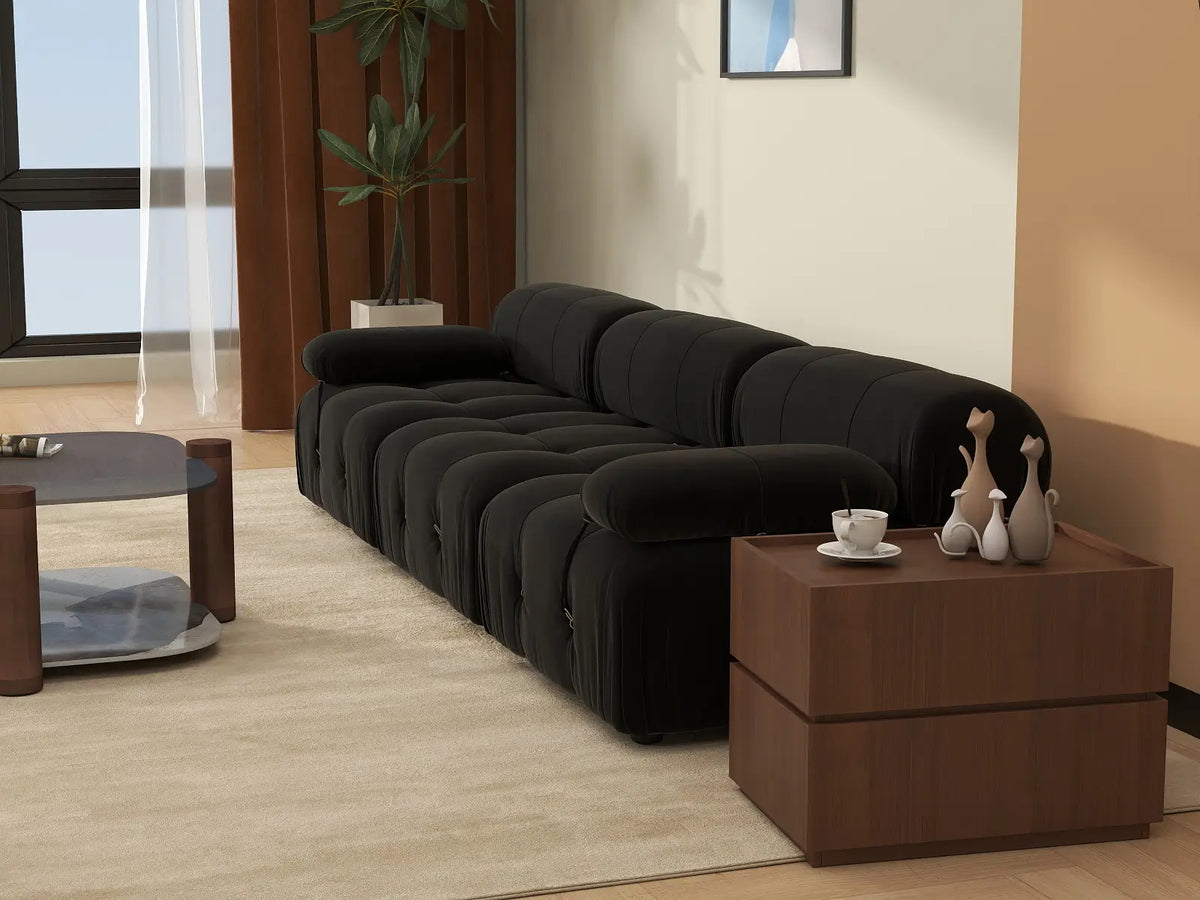 Éther Black 3-Seater Couch Sectionals | 3-Piece, Velvet Fabric, Fixed Upholstery