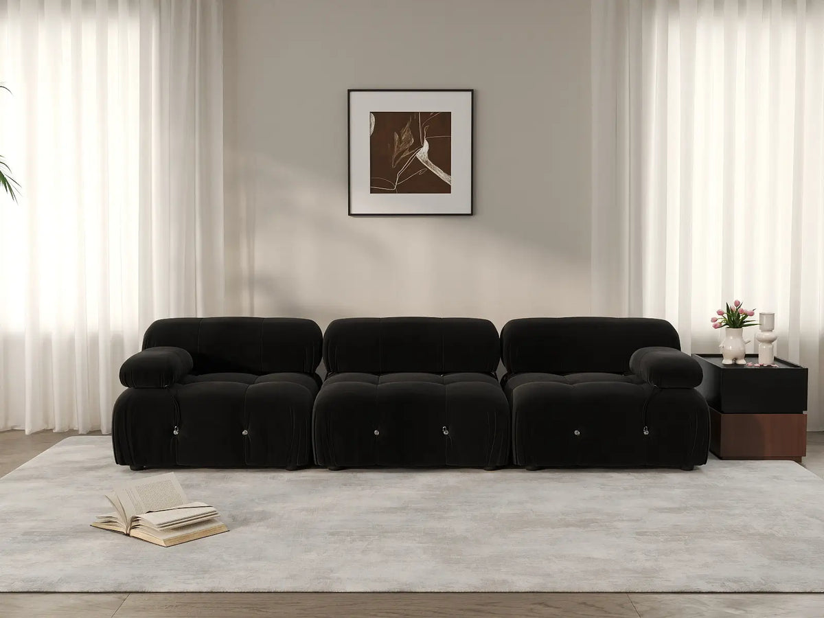 Éther Black 3-Seater Couch Sectionals | 3-Piece, Velvet Fabric, Fixed Upholstery