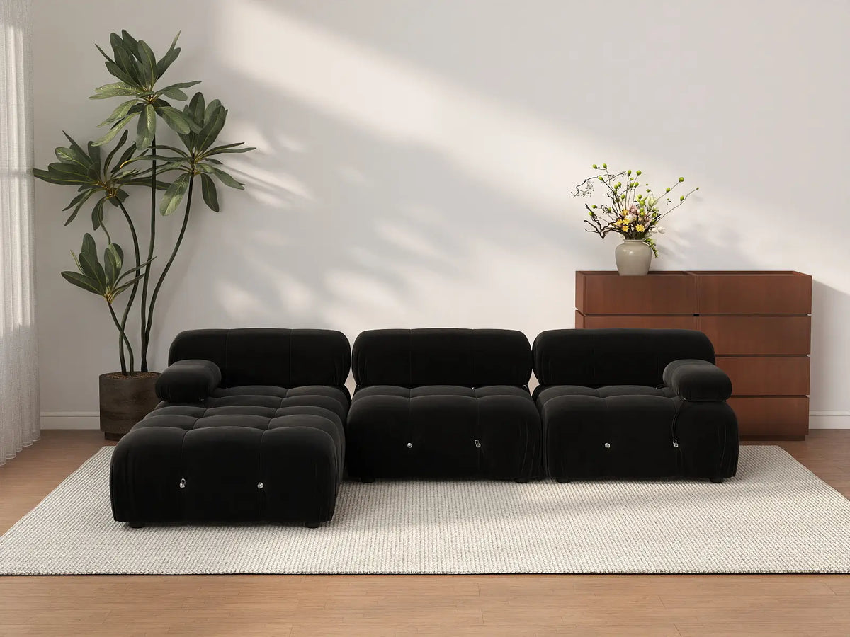 Éther Black 3-Seater L-Shaped Sectionals | 4-Piece (includes 1 ottoman), Velvet Fabric, Fixed Upholstery