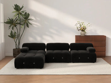 Éther Black 3-Seater L-Shaped Sectionals | 4-Piece (includes 1 ottoman), Velvet Fabric, Fixed Upholstery