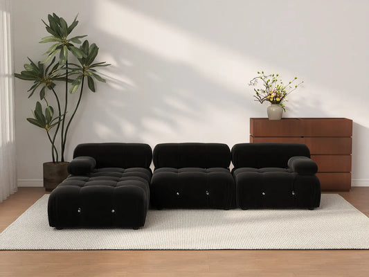 Éther Black 3-Seater L-Shaped Sectionals | 4-Piece (includes 1 ottoman), Velvet Fabric, Fixed Upholstery