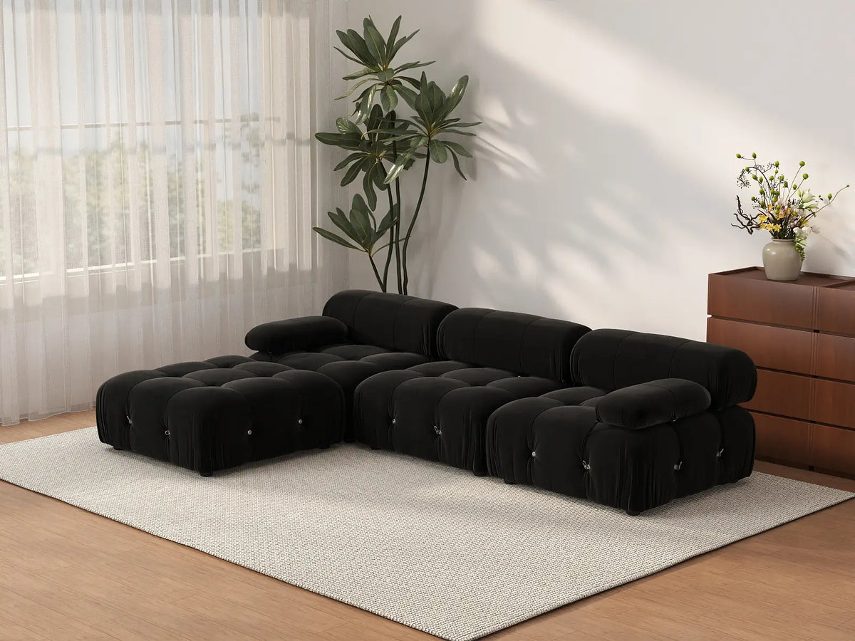 Éther Black 3-Seater L-Shaped Sectionals | 4-Piece (includes 1 ottoman), Velvet Fabric, Fixed Upholstery