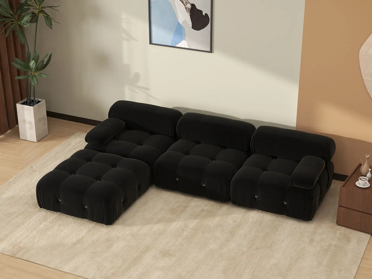 Éther Black 3-Seater L-Shaped Sectionals | 4-Piece (includes 1 ottoman), Velvet Fabric, Fixed Upholstery