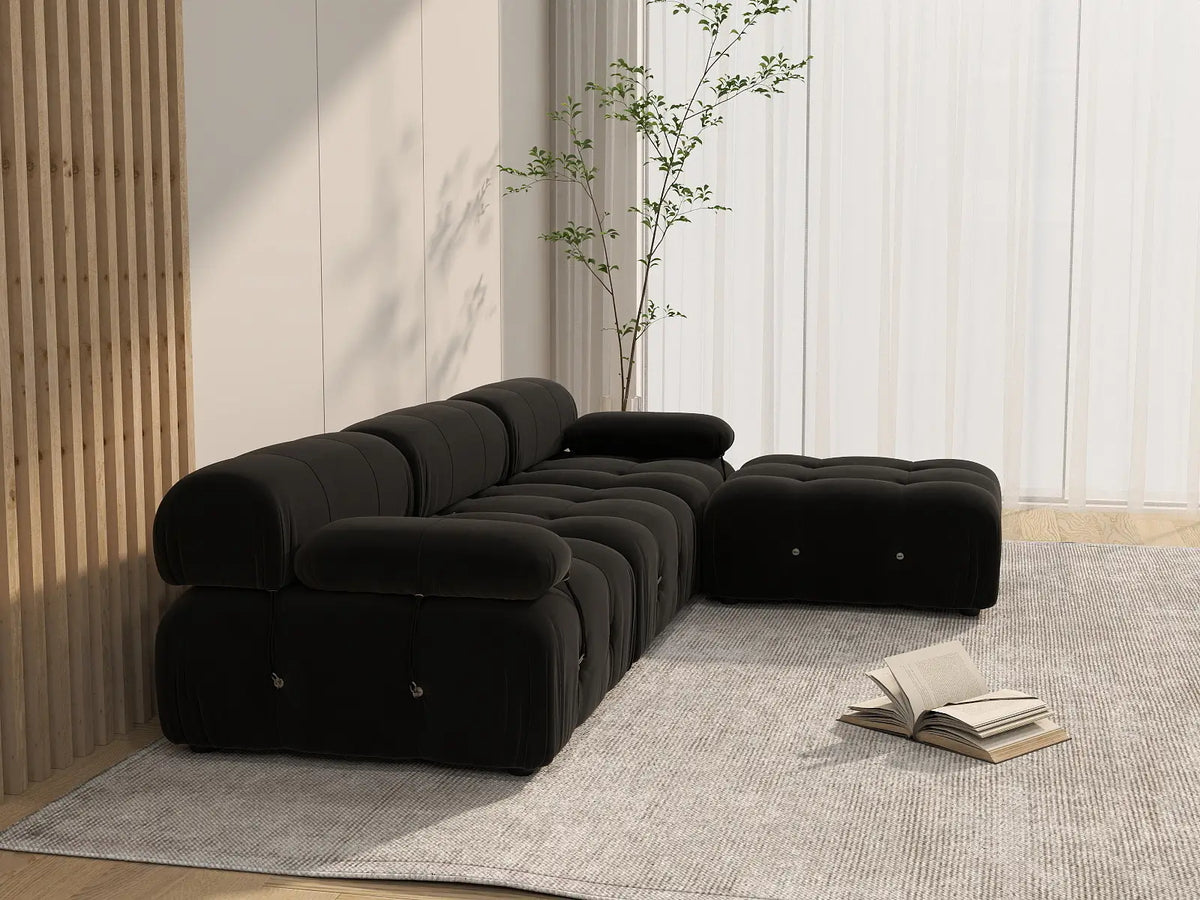 Éther Black 3-Seater L-Shaped Sectionals | 4-Piece (includes 1 ottoman), Velvet Fabric, Fixed Upholstery