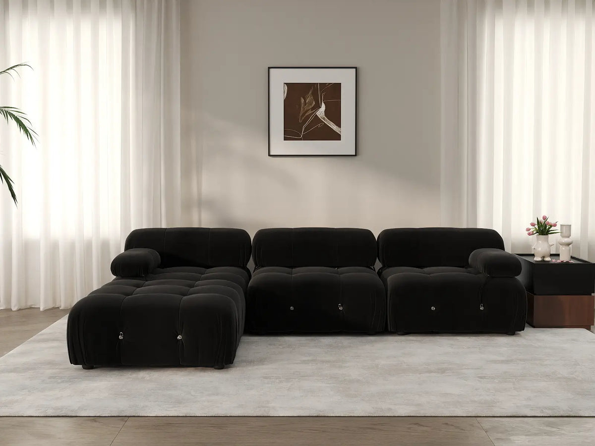 Éther Black 3-Seater L-Shaped Sectionals | 4-Piece (includes 1 ottoman), Velvet Fabric, Fixed Upholstery