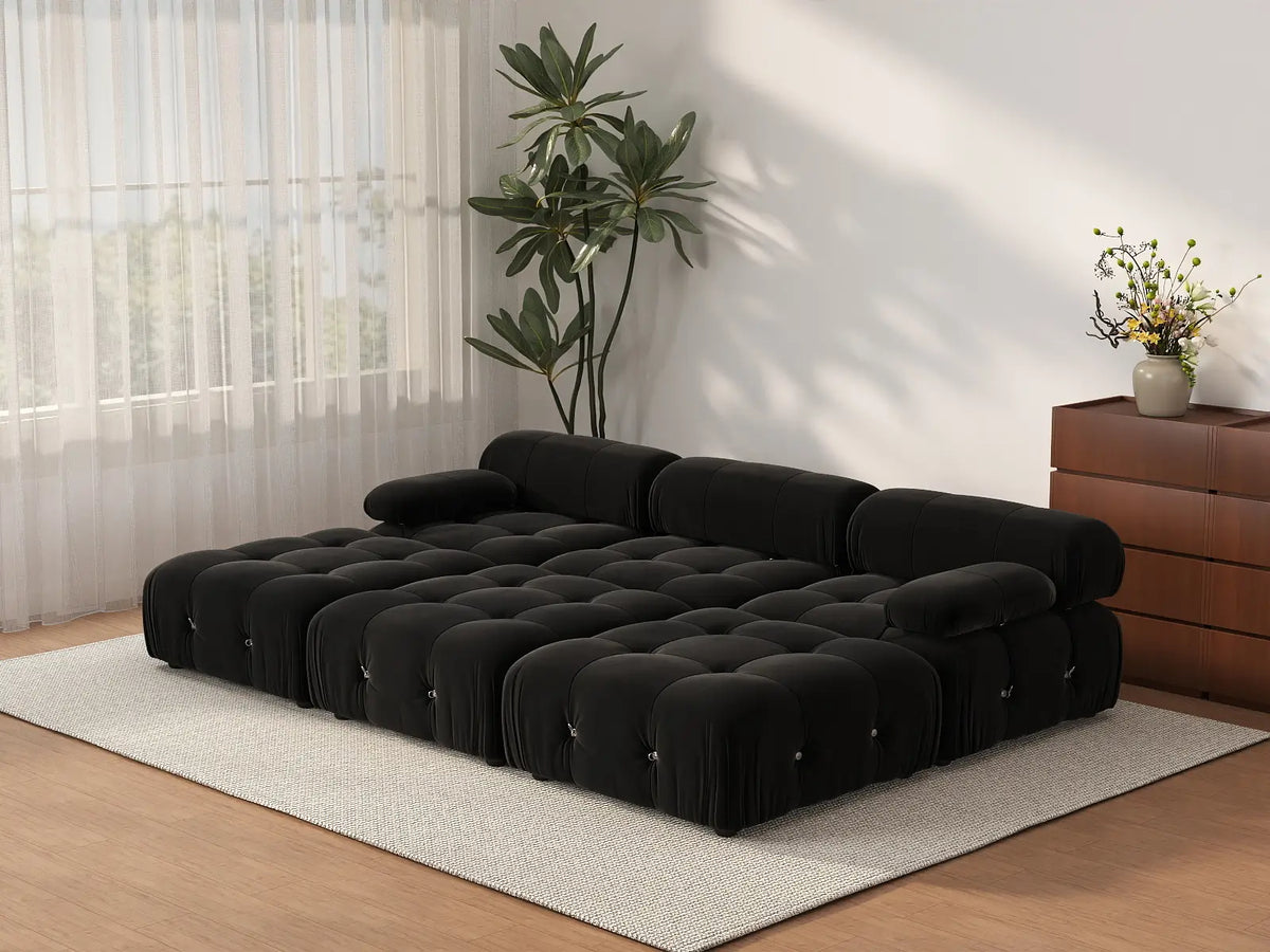 Éther Black 3-Seater Pit Sectionals | 6-Piece (includes 3 ottomans), Velvet Fabric, Fixed Upholstery