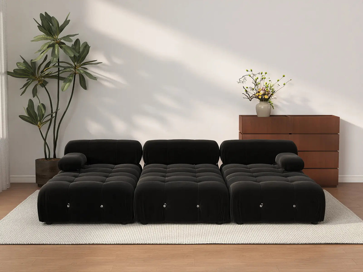 Éther Black 3-Seater Pit Sectionals | 6-Piece (includes 3 ottomans), Velvet Fabric, Fixed Upholstery