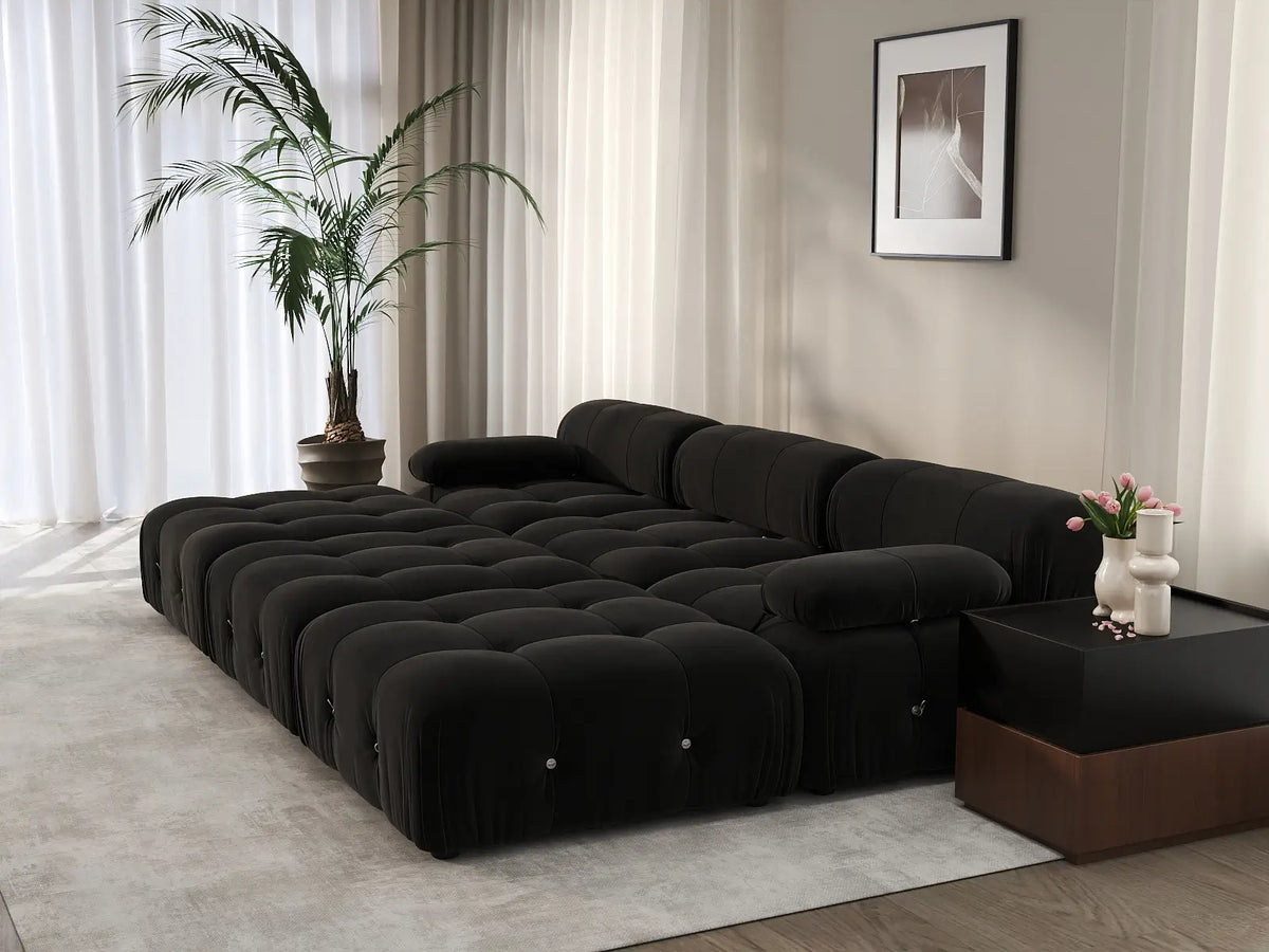 Éther Black 3-Seater Pit Sectionals | 6-Piece (includes 3 ottomans), Velvet Fabric, Fixed Upholstery