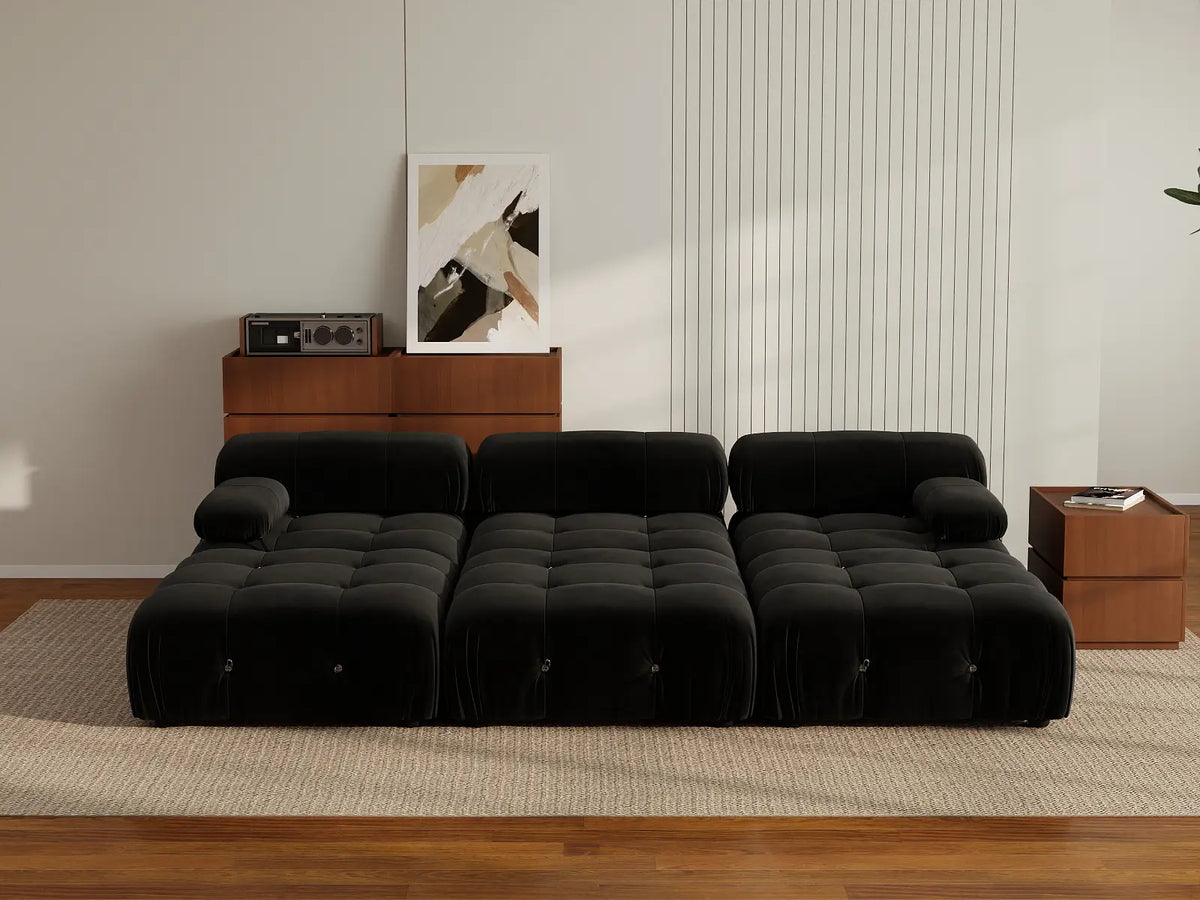 Éther Black 3-Seater Pit Sectionals | 6-Piece (includes 3 ottomans), Velvet Fabric, Fixed Upholstery