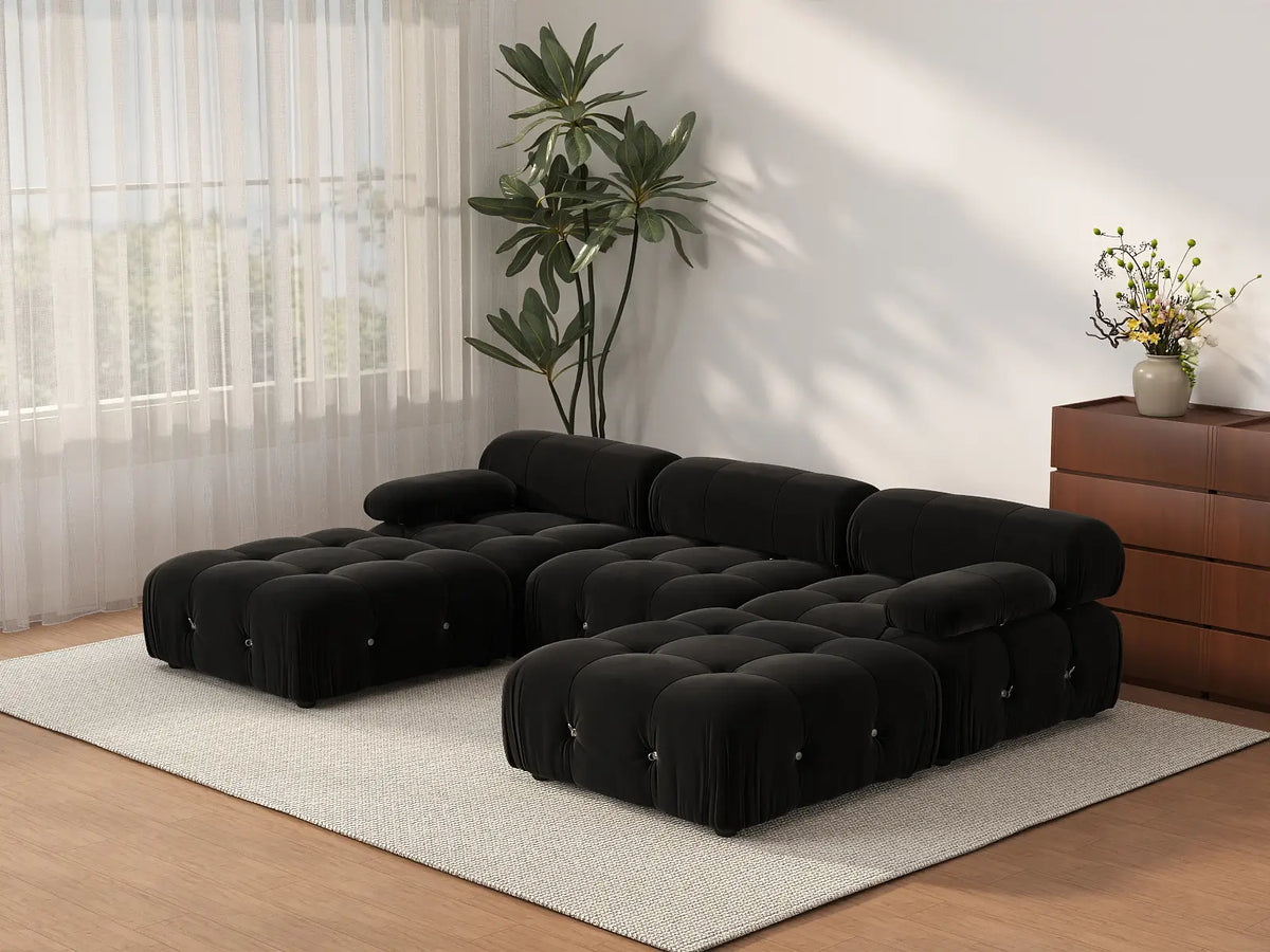 Éther Black 3-Seater U-Shaped Sectionals | 5-Piece (includes 2 ottomans), Velvet Fabric, Fixed Upholstery